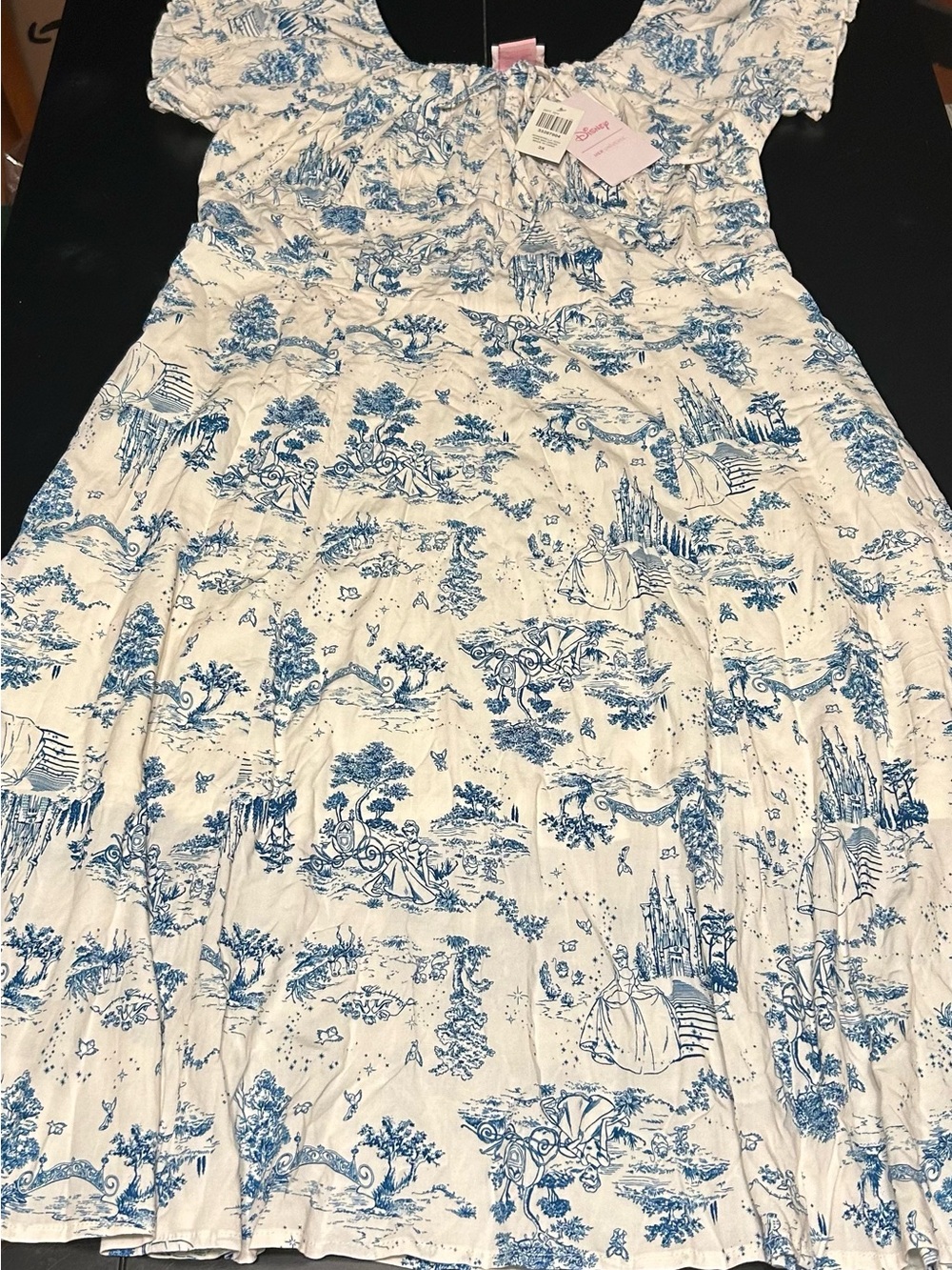 Women Disney Her Universe Cinderella Blue Toile Print Cotton Midi Peasant Dress